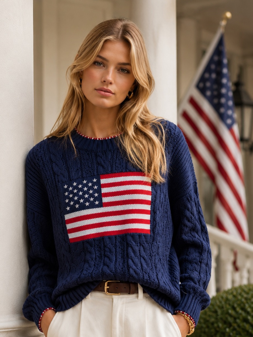 🇺🇸 Pink Pineapple American Flag Cable Knit Cotton Sweater Coastal Americana Chic